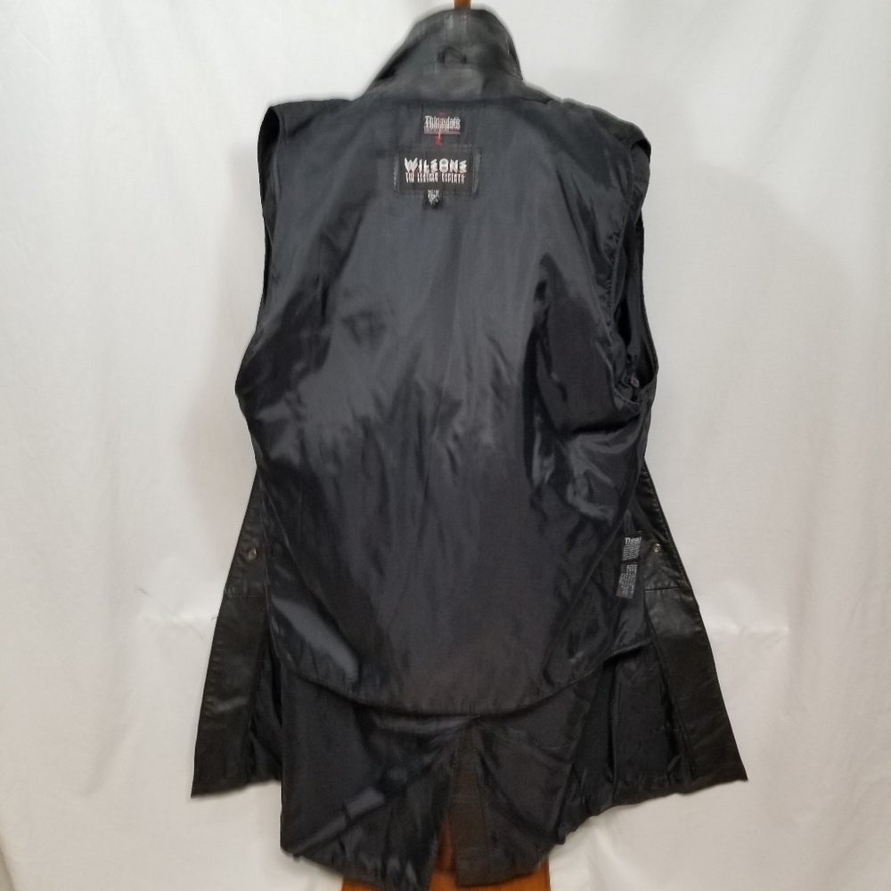 VTG Wilsons Thinsulate Black Genuine Leather Women's Petite S Button Trench Coat - Picture 12 of 15